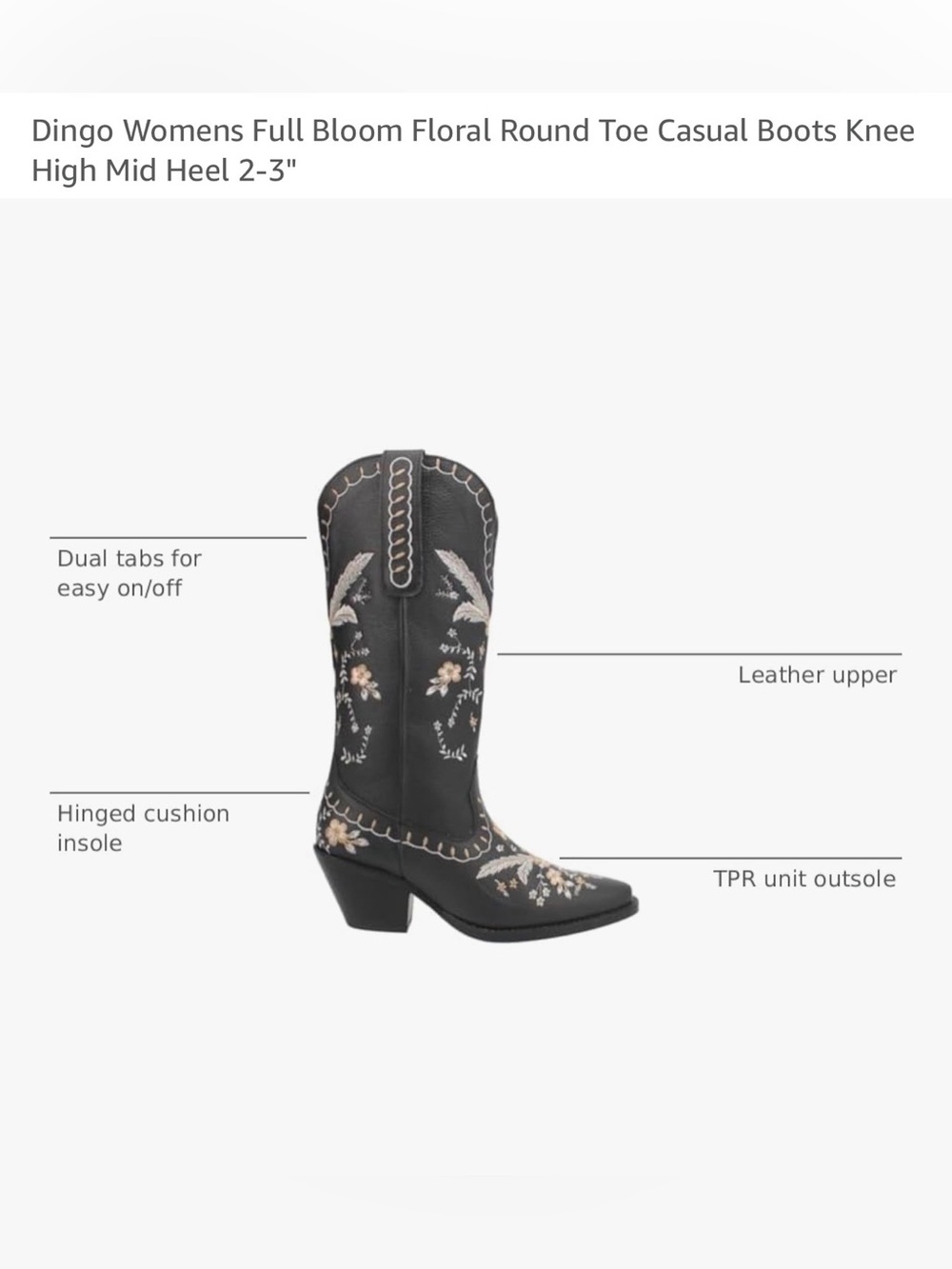 dingo Black Western Knee-High Boots with Gold and Silver Floral Embroidery - Picture 8 of 9